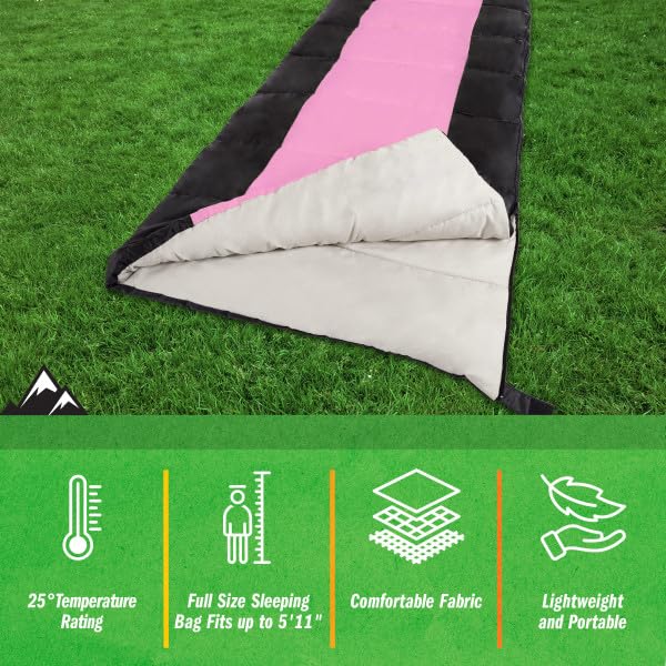 Sleeping Bag - Bolsa de dormir para 3 estaciones cálida y fresca para adultos, adolescentes y niños - Ligera y compacta para primavera, verano y otoño de Wakeman (Rosa) miniatura 3