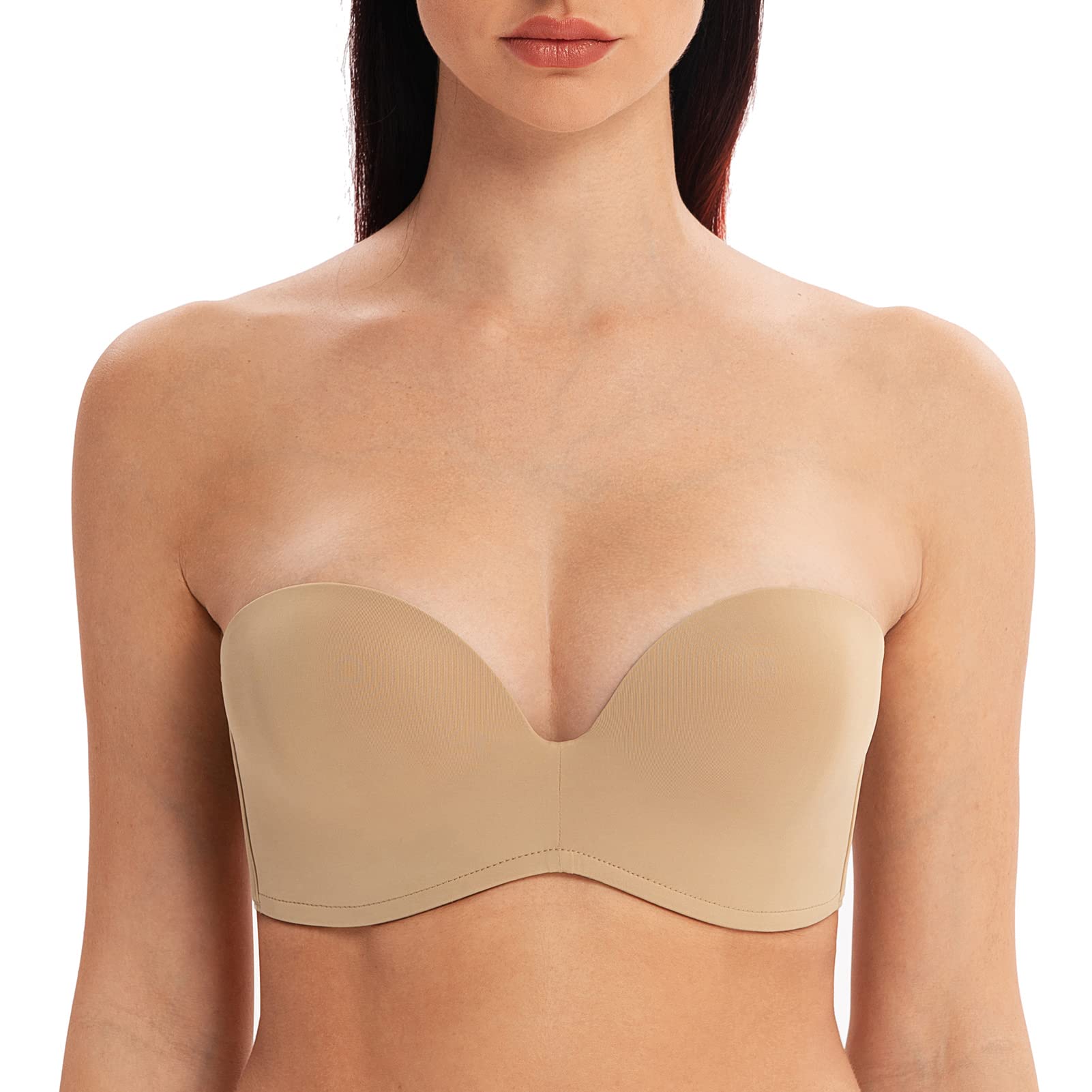 MELENECA Women's Wireless Stay-Put Seamless Lightly Padded Push Up Strapless Bra Almond 36F