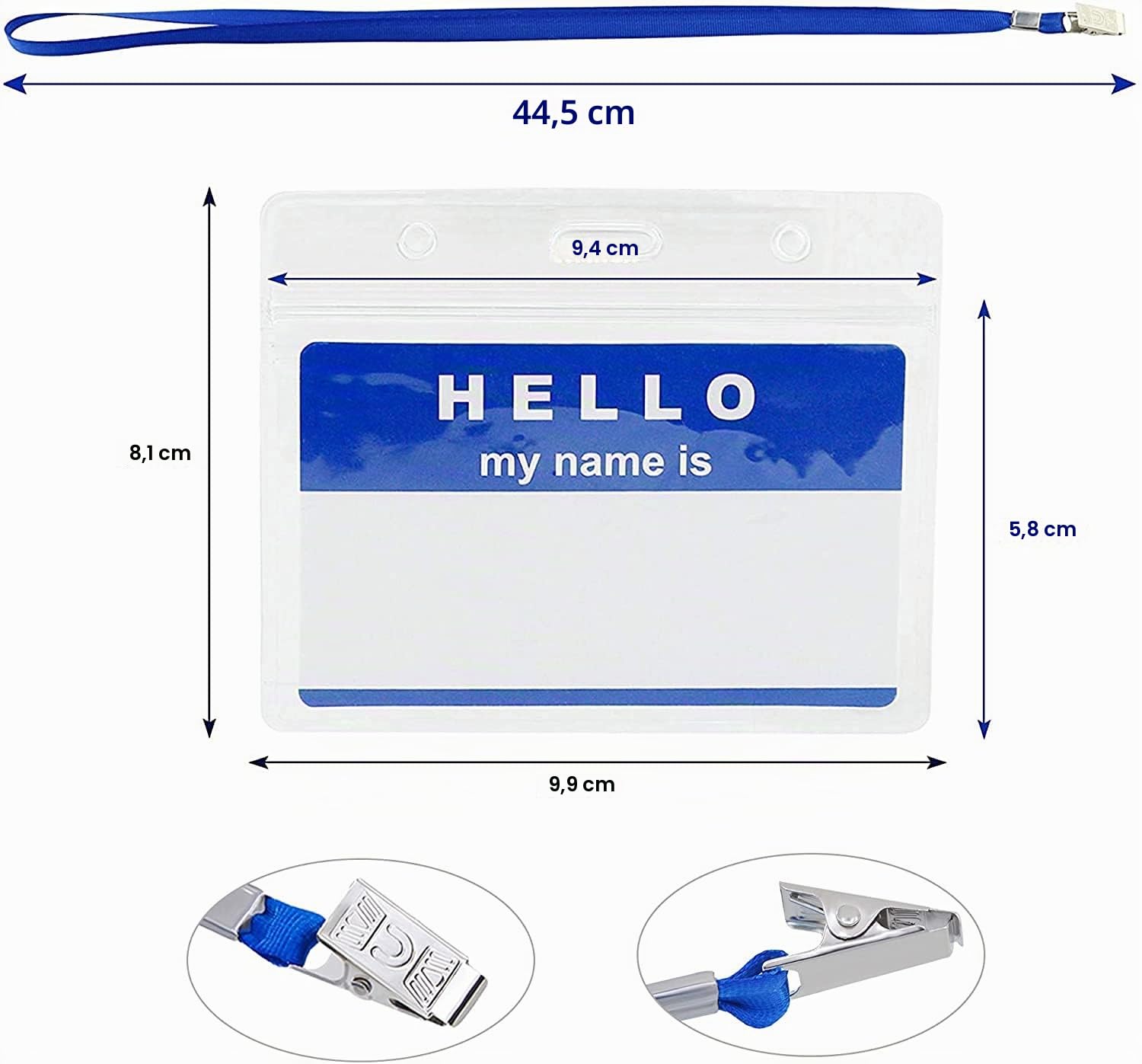 Gimars 50 Fundas de Tarjeta de Identificación PVC Transparente 10x8cm con Clip Metálico y Cordones de Cuello de 45cm, Portatarjetas Horizontal Impermeable, Ideal para Eventos, Empresas y Acceso-Azul