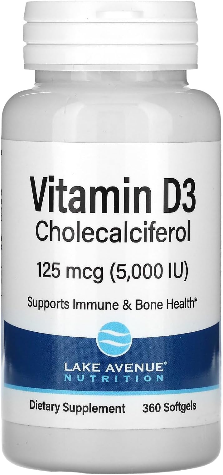 Lake Avenue Vitamin D3 Nutrition - Featuring Essential Vitamin D3 as Cholecalciferol from Lanolin - Support for Immune System & Bone Health - Gluten Free, Non-GMO - 125 mcg - 360 Softgels