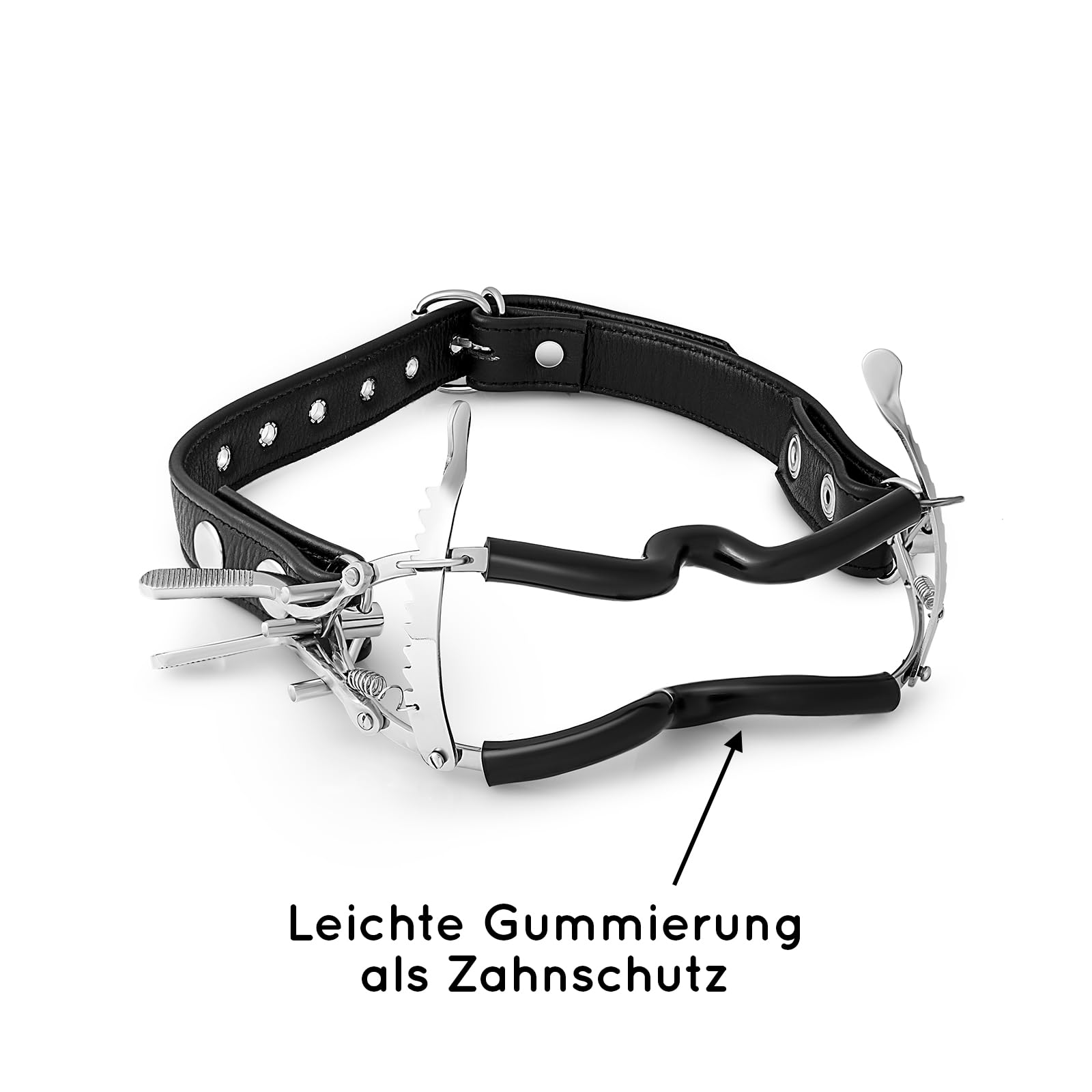 Mundspreizer für Sex aus Stahl mit Zahnschutz und verstellbarem Nackenriemen – stufenweise einstellbar per Ratschenmechanismus, max. 5 cm Öffnung, Bondage BDSM Zubehör für Paare (MS2)