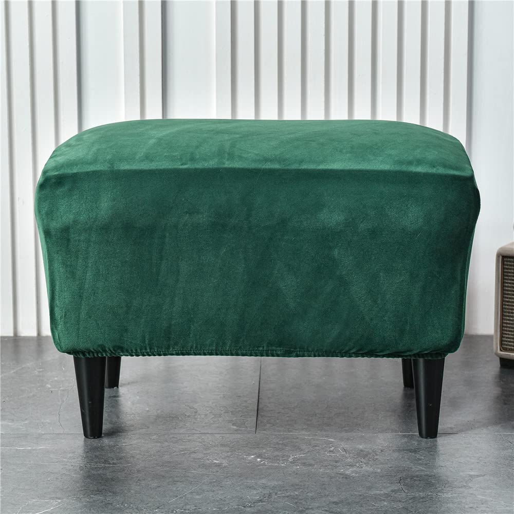 Highdi Ottoman Cover Rectangle, Solid Color Velvet Thickening Stretch Footstool Slipcover, Protector Cover with Elastic Bottom, Removable Washable Dustproof Footrest Pouffe Covers (dark green)