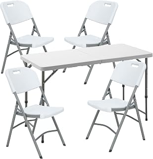 Mesa Plegable Multifuncional de Altura Regulable 120x60x52,5-75 cm, y Set de 4 Sillas Plegables 51x45x85,5cm, Ideal para Exteriores