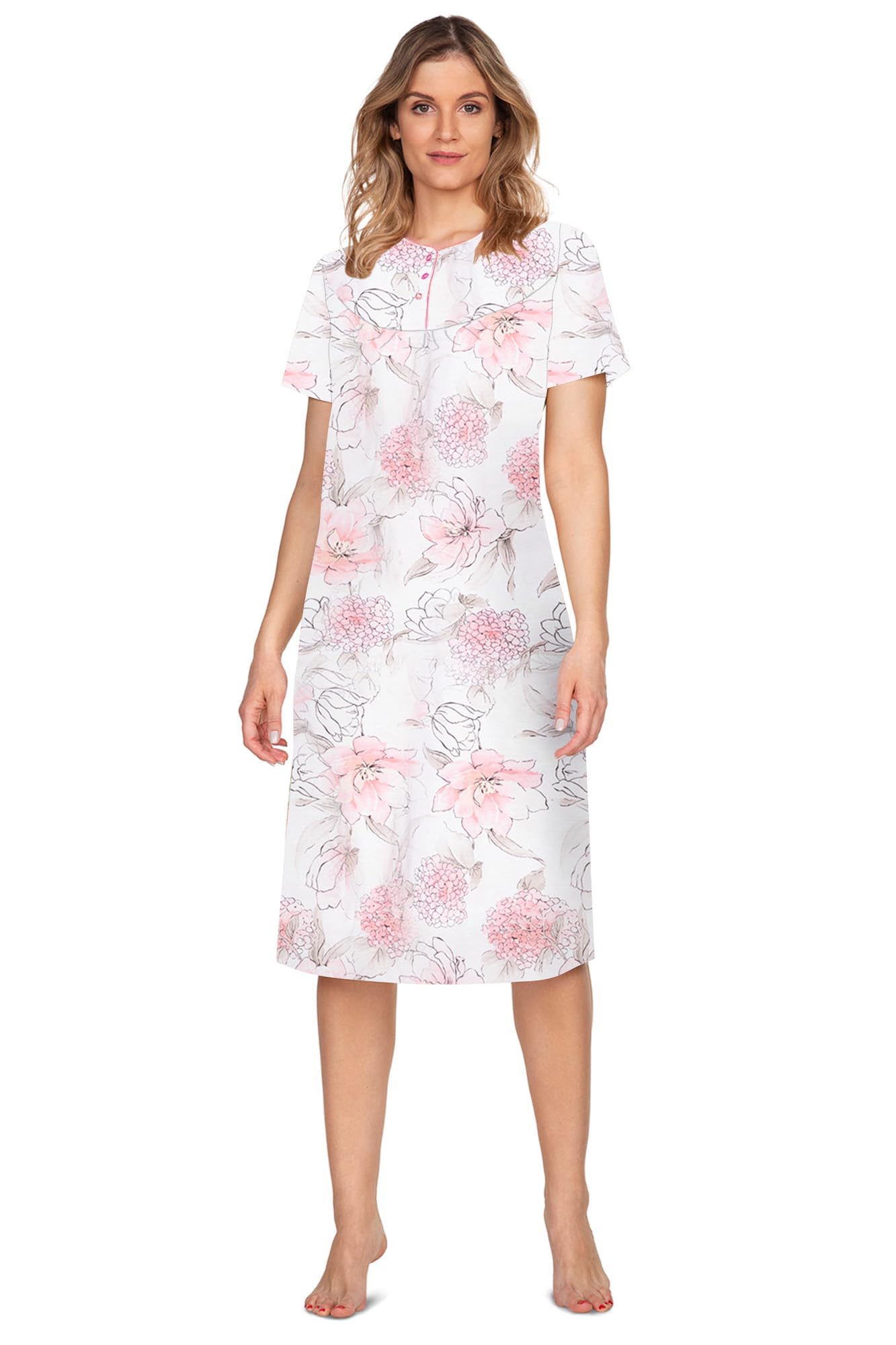 e.Femme® Kate 2348 Women's Short Sleeve Nightdress 100% Cotton, Pink hydrangea, 22