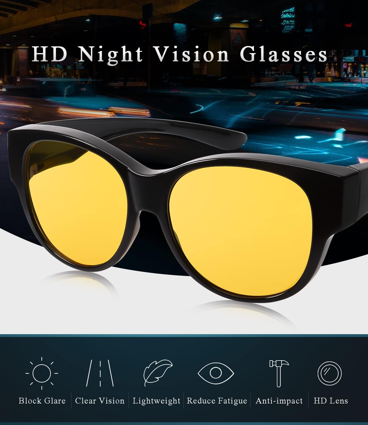 Br’Guras Night-Vision Glasses Fit Over Sunglasses for Men & Women Night Driving - Anti Glare Polarized Wraparounds - Image 2