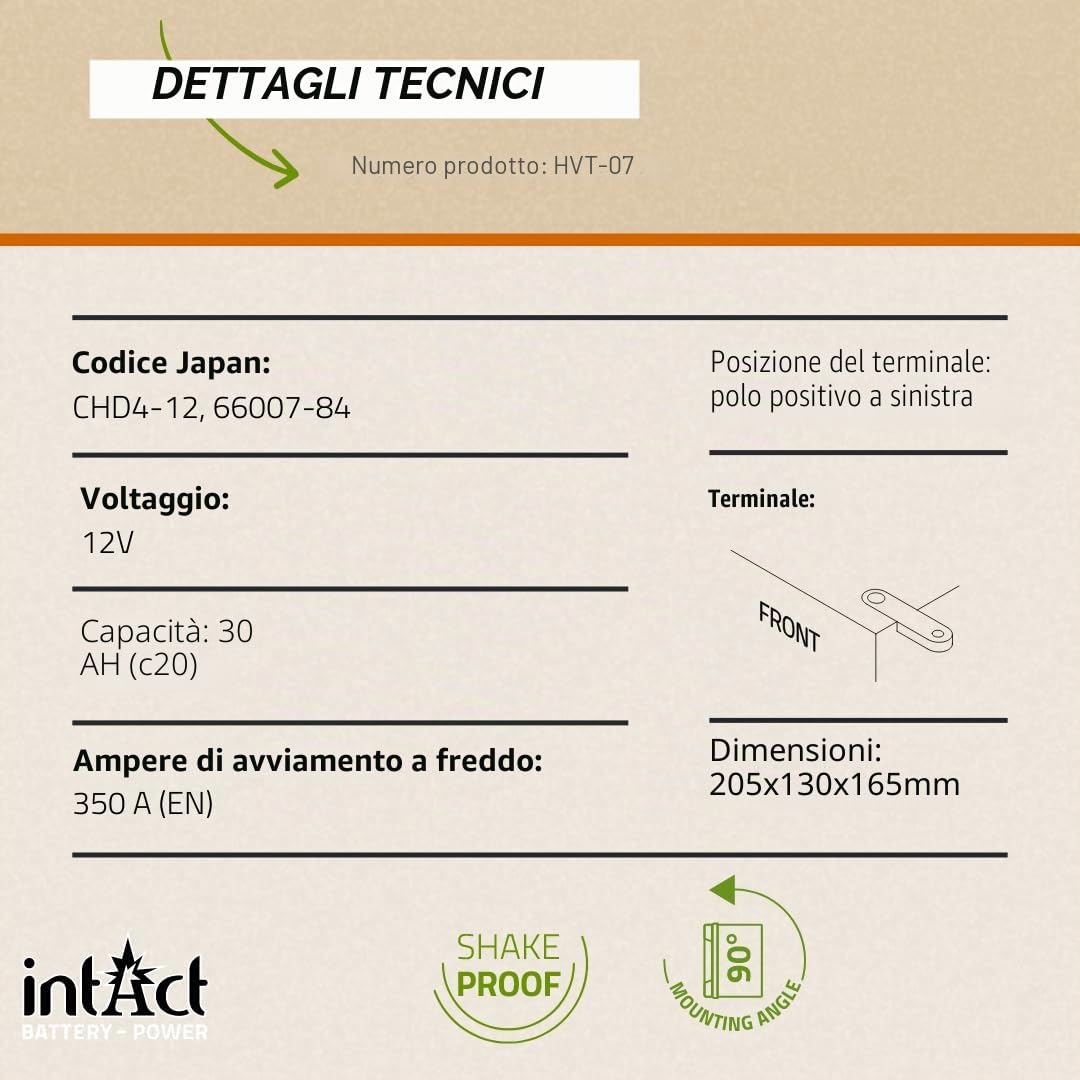 intAct - BATTERIA PER MOTOCICLI HVT | Batteria senza manutenzione e a prova di perdite. | HVT-07, CHD4-12, 66007-84, batteria da 12 V, 30 AH (c20), 350 A (EN) | Dimensioni: 205x130x165 mm