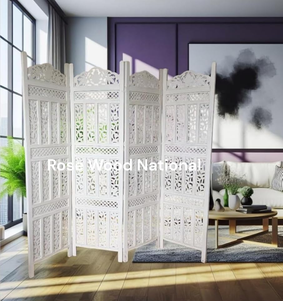 Image of Wooden Room Divider 6 Feet, 4-Panel Folding Wooden Partition for Living Room, Office, Pooja Room, Restaurant, Kitchen & Balcony (2W x 1.82H Meters). (White-Floral Pattern)