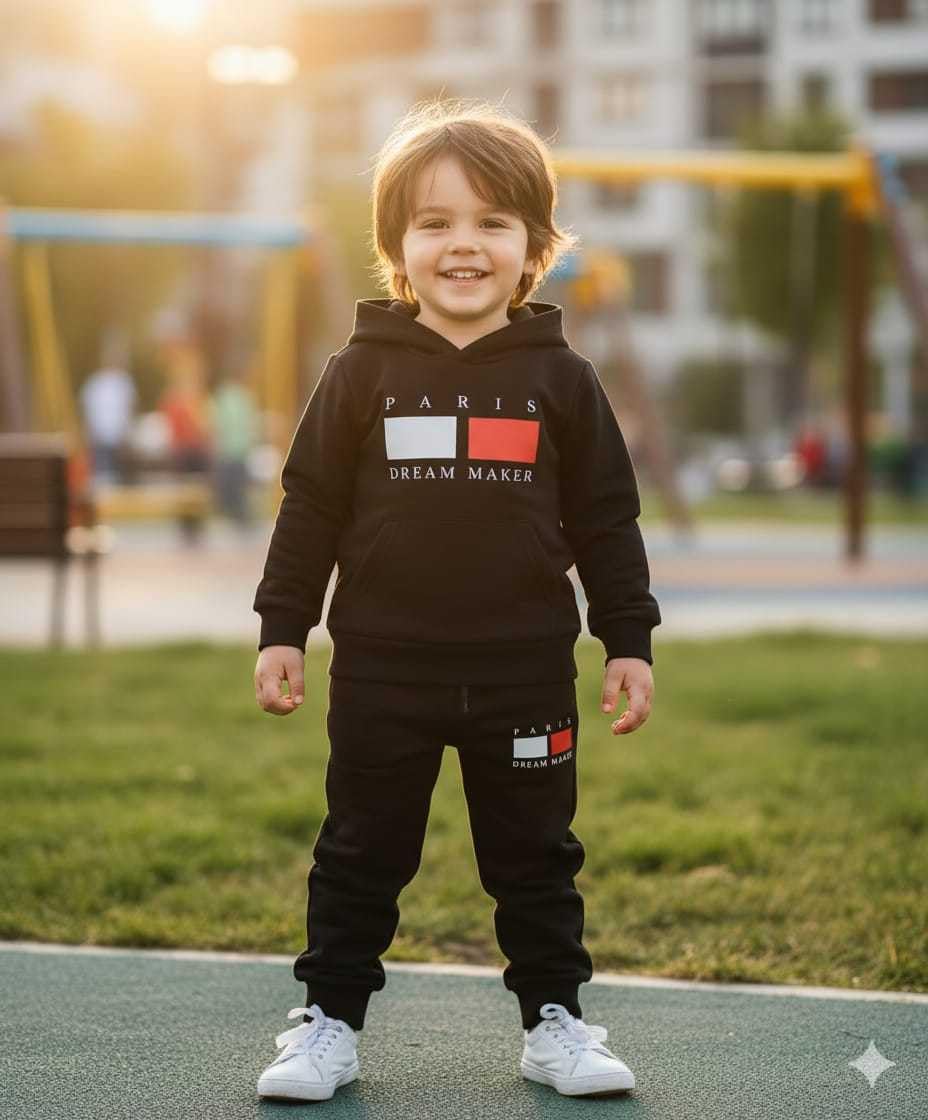 Black Cotton Hoodie and Jogger Pant Set for Kids | Paris Dream Maker Chest Print | Soft and Comfortable Winter Co-Ord Outfit for Boys & Girls (Black - 9 Months to 12 Months) 2