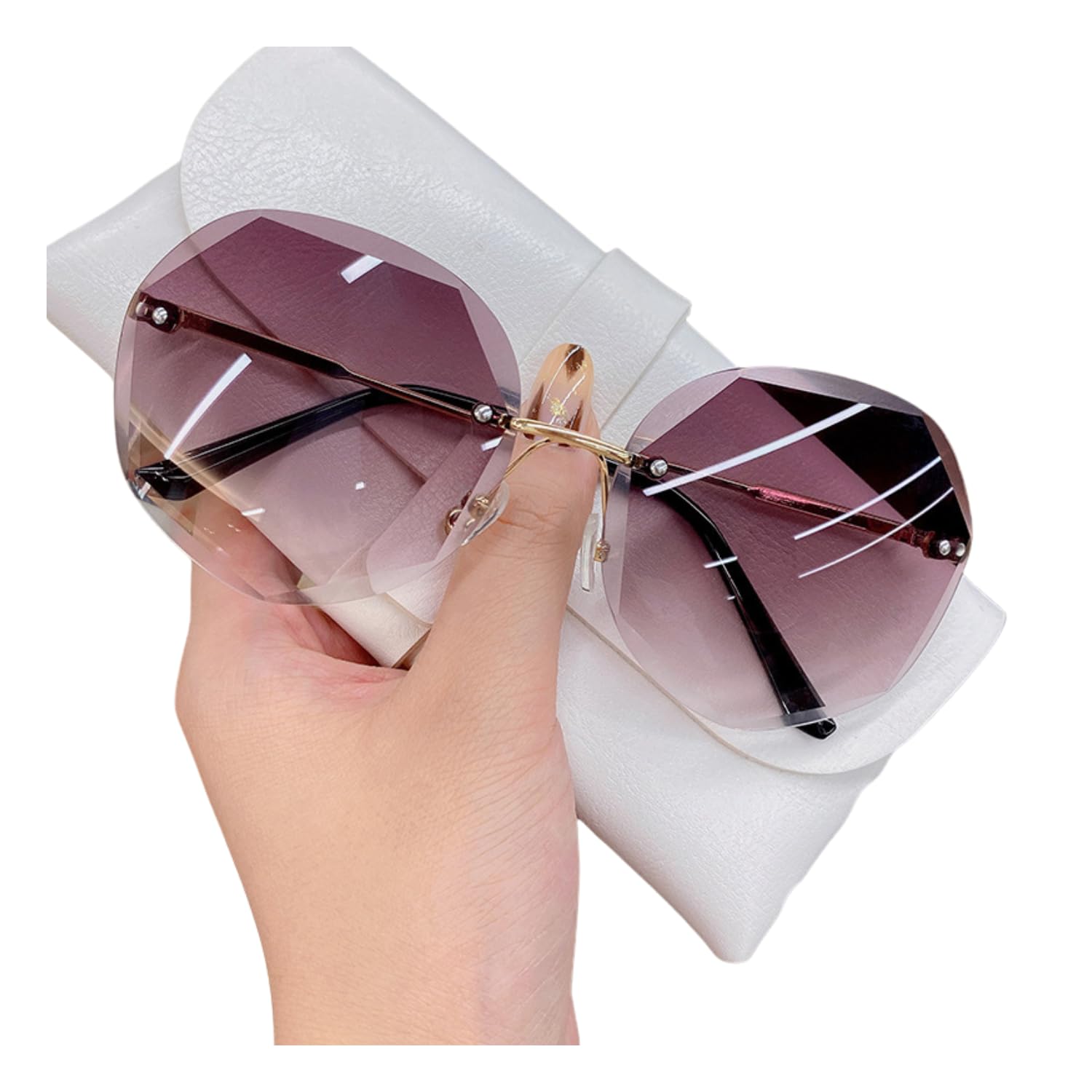 huvora Chic Oversized Round Sunglasses for Women Stylish | UV Protected Designer Rimless Sun Glasses | Lightweight Metal Frame Gradient Fashion Goggles for Woman-picture-29