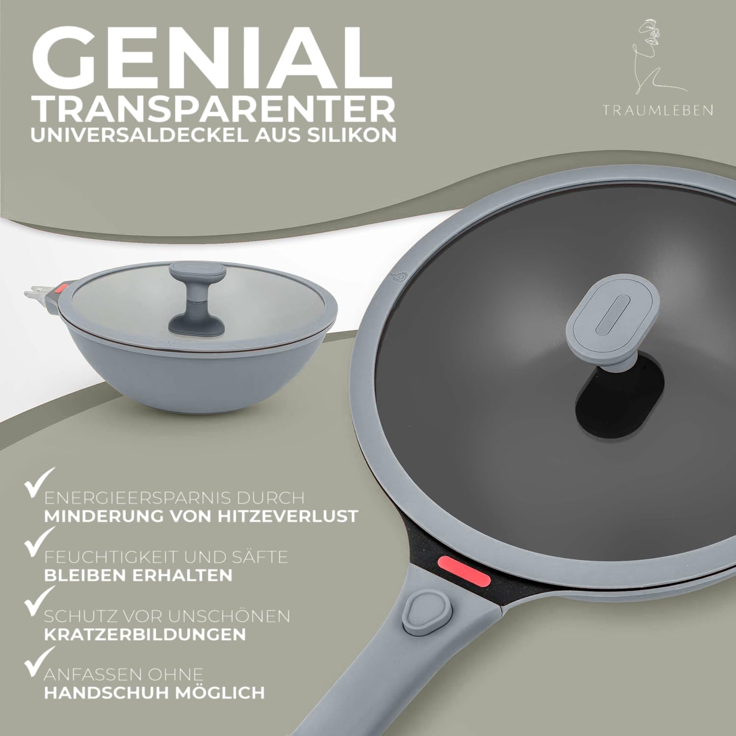TRAUMLEBEN Wokpfanne 28 cm mit Deckel & abnehmbarem Griff (Grau) | Antihaftbeschichtung, PFOA-frei, für Induktion geeignet, backofenfest, hoher Rand