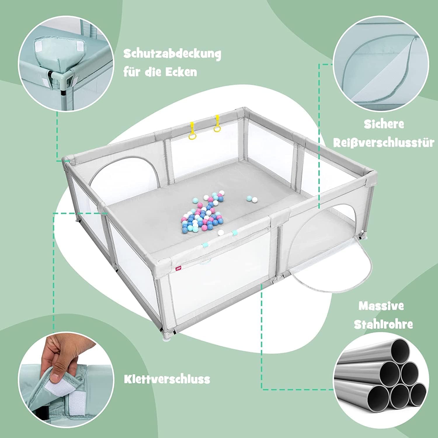 BEJOY Kinderbox van 125 cm, compact en robuust, schuimbescherming, antislip met transparant en ademend net, ritssluiting voor baby's en peuters, binnen en buiten