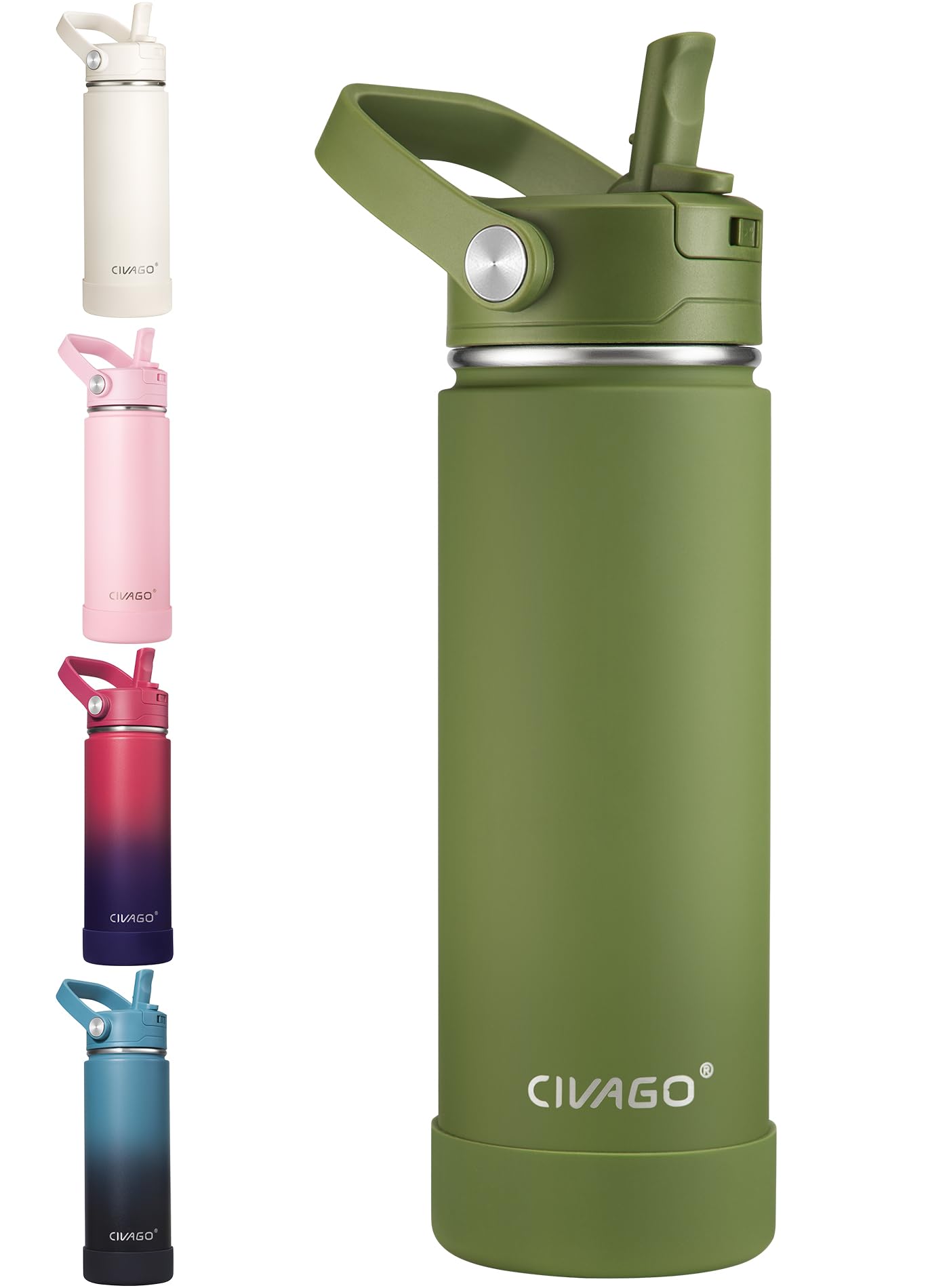 CIVAGO Insulated Stainless Steel Water Bottle with Detachable Straw, 500ml Metal Sports Drink Bottle with Bucket Handle, Leakproof Reusable Thermal Flask with Silicone Boot, Dishwasher Safe, ArmyGreen