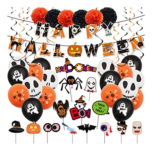 Halloween Party Dekorationen Set Halloween hängende Swirl Dekoration mit Happy Halloween Banner Alphabet Wimpelkette Papier Blume Ball Spiralband Foto Requisiten 62 Stück für Innen Außen Dekor Cover