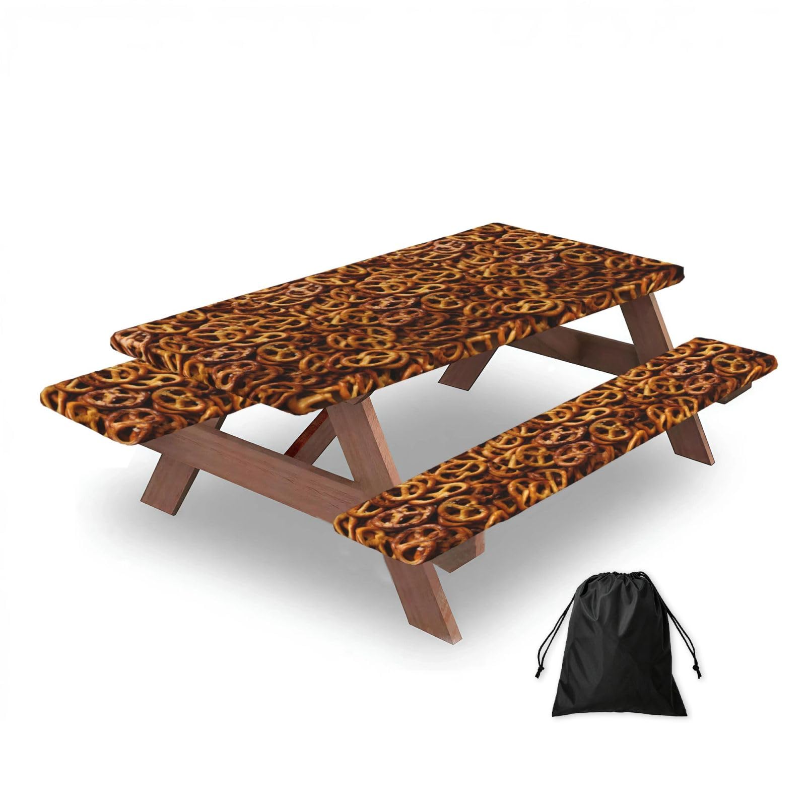 Dopklna As Picture Pretzels Bread Pattern, Picnic Table Cover With Bench Covers -Waterproof Elastic Fitted Tablecloth For Garden Camping Patio 76X152cm