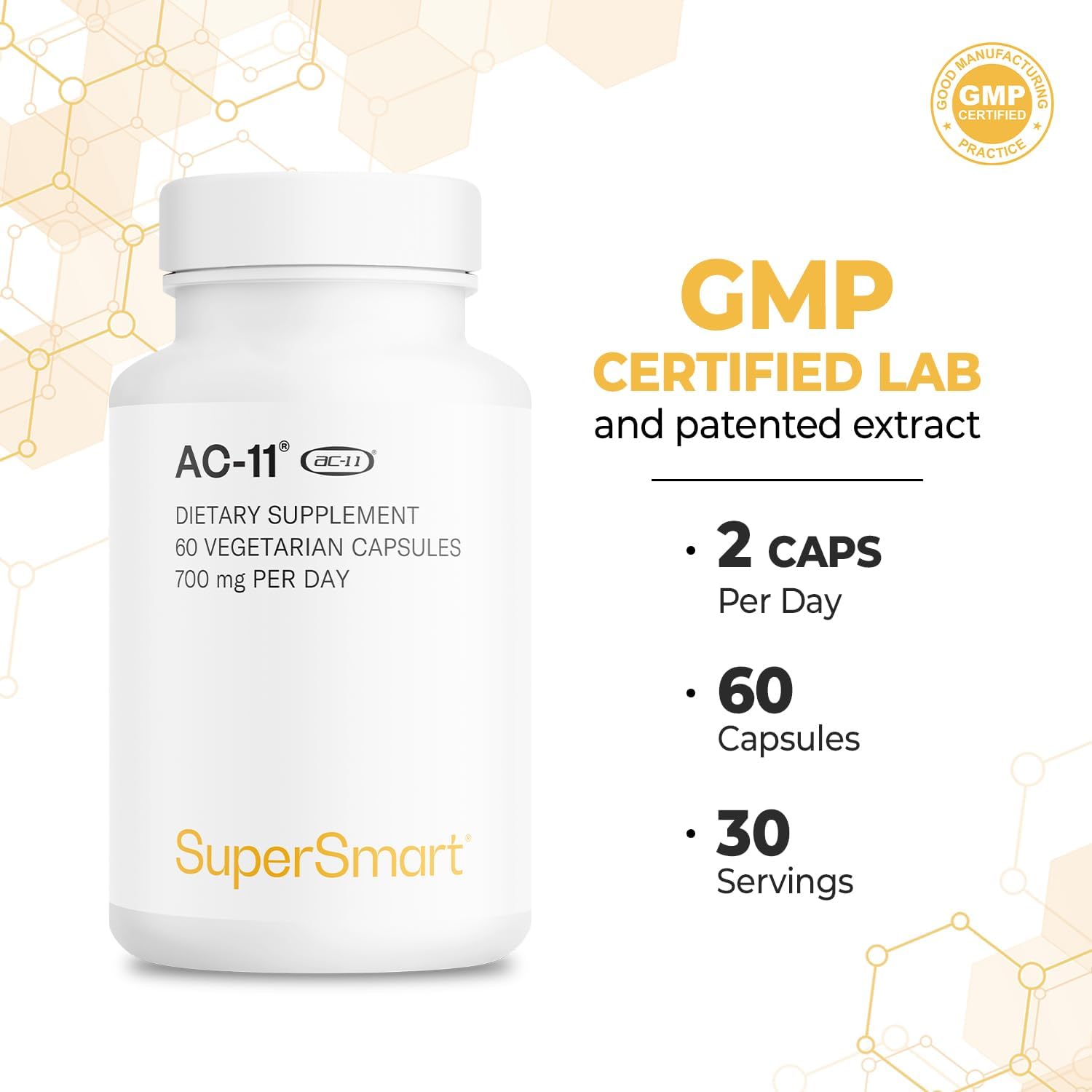 Supersmart AC-11 Supplement 700mg per Day (Cat's Claw Extract) - Uncaria Tomentosa Bark | Non-GMO & Gluten Free - 60 Vegetarian Capsules