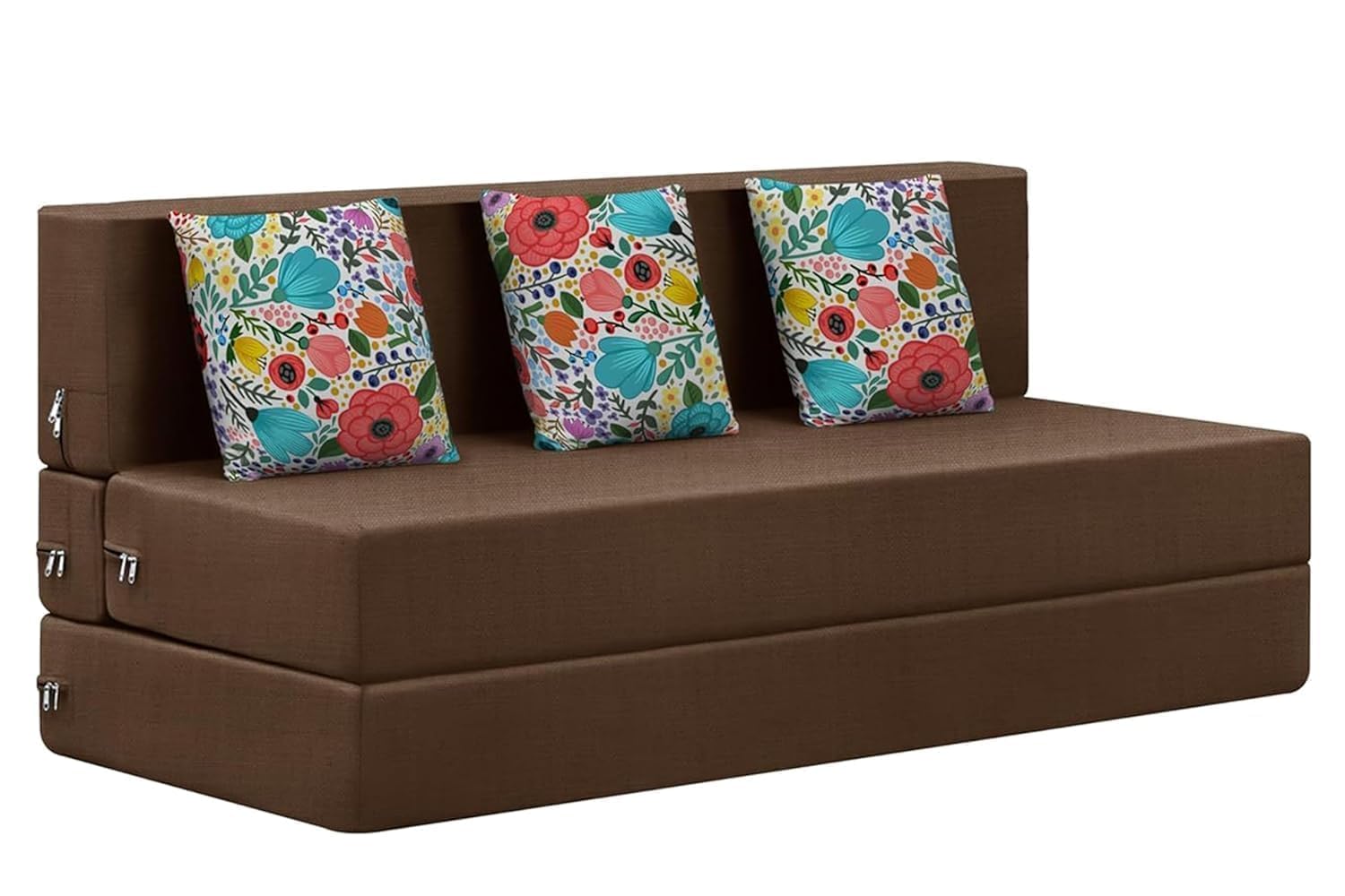 Rosebell 3 Seater Foldable Sofa Cum Bed | 5x6 feet Jute Fabric with Washable Cover & 3 Printed Cushion | Multipurpose Sofa Bed for Living Room - Brown Color