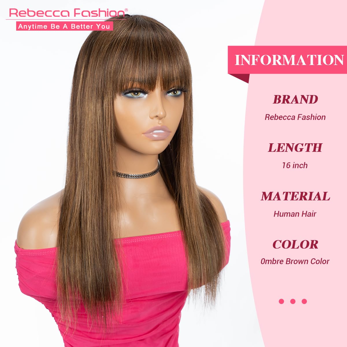 Rebecca Fashion 16 Inch Ombre Brown Straight Wigs with Bangs Human Hair Wigs for Black Women None Lace Front Wigs 10A Brazilian Virgin Hair Glueless Machine Made Wig Highlight Brown Blonde Color - Image 2