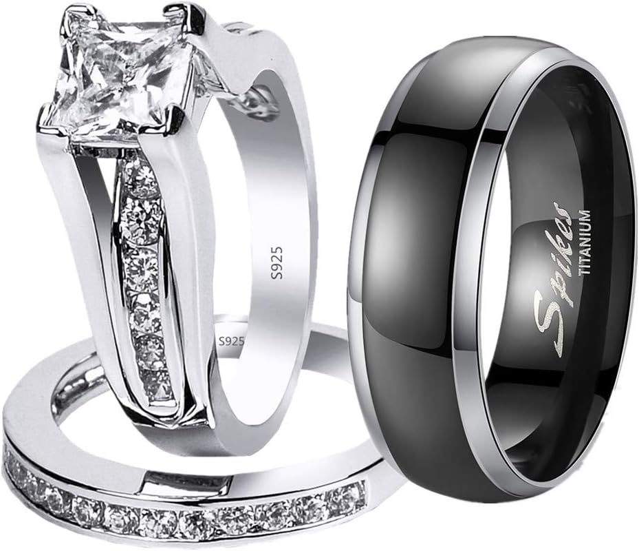 MABELLA His and Hers 3Pc Titanium Matching Band Pretty Women Princess Cut 925 Sterling Silver Wedding Ring Set