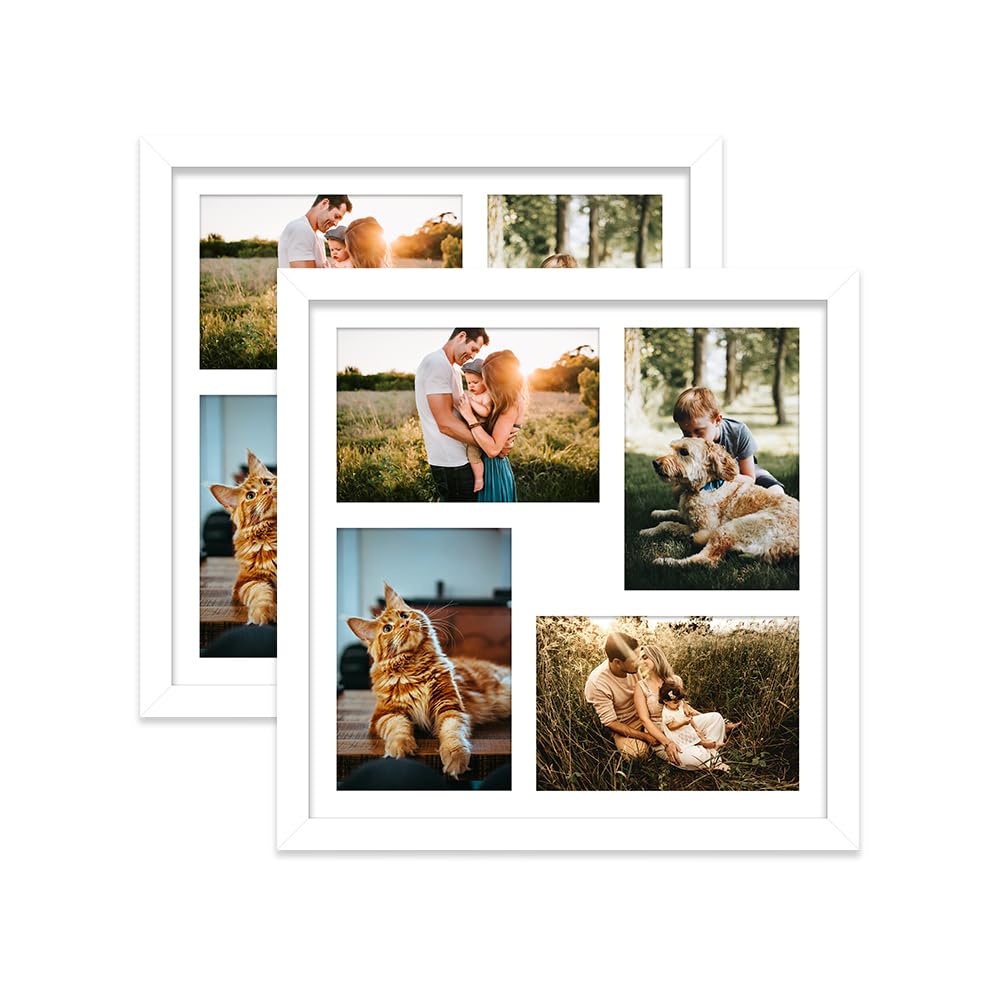 White Multi Photo Frame - Holds 4 x 6x4 Pictures, Family Collage Picture Frame for Wall Display, 12x12 Frame size, Set of 2