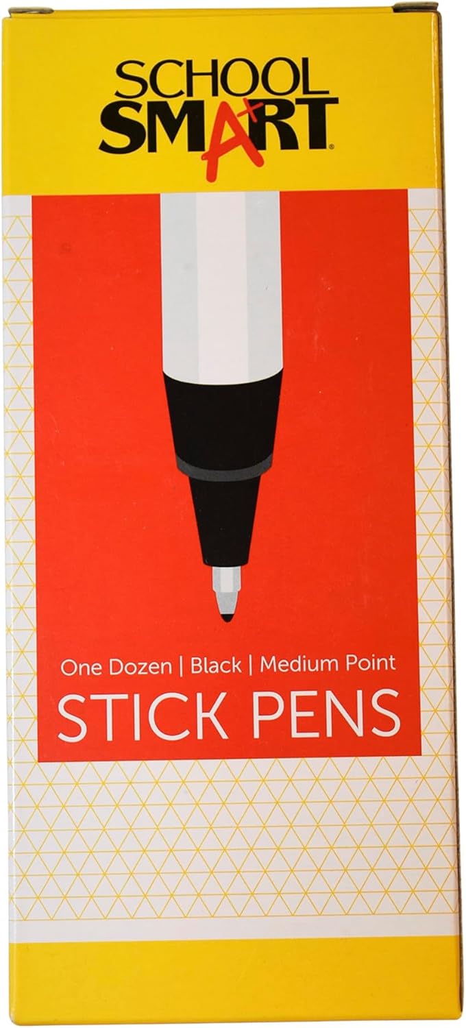 School Smart Round Stick Pen, Medium Tip, Black, Pack of 12