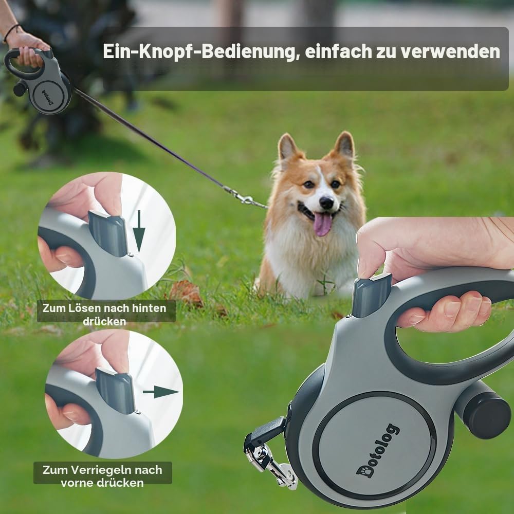 Hundeleine einziehbar 8m, Rollleinen für Hunde Einziehbares Zugseil, Ausziehbare Hundeleine für mittelgroße große Hunde bis zu 50 kg, Geschenk für Hund (Grau/schwarz, 8 m)
