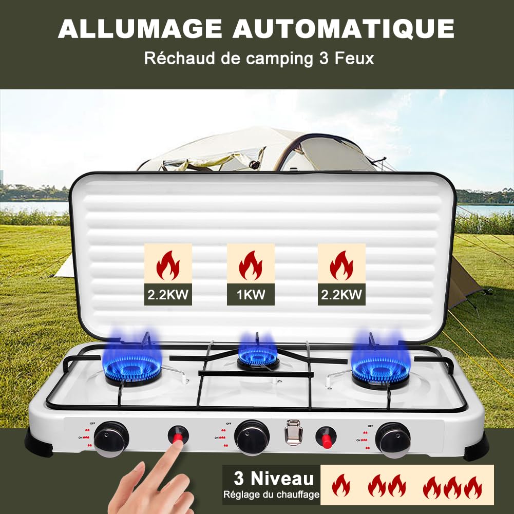 Réchaud de Camping 3 Feux 5.4kW Auto Allumage Piézo avec Tuyaux 150 cm et Régulateur 37 mbar Blanc