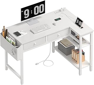 DLisiting Small White L Shaped Desk with Drawers & Storage Shelves, 40 Inch Corner