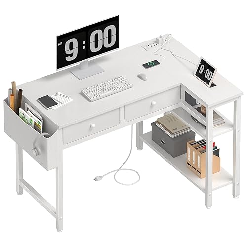 DLisiting Small White L Shaped Desk with Drawers & Storage Shelves, 40 Inch Corner Desk with Power Outlet for Small Space Home Office, Study Work PC Desks for Bedroom - White - 39.4''