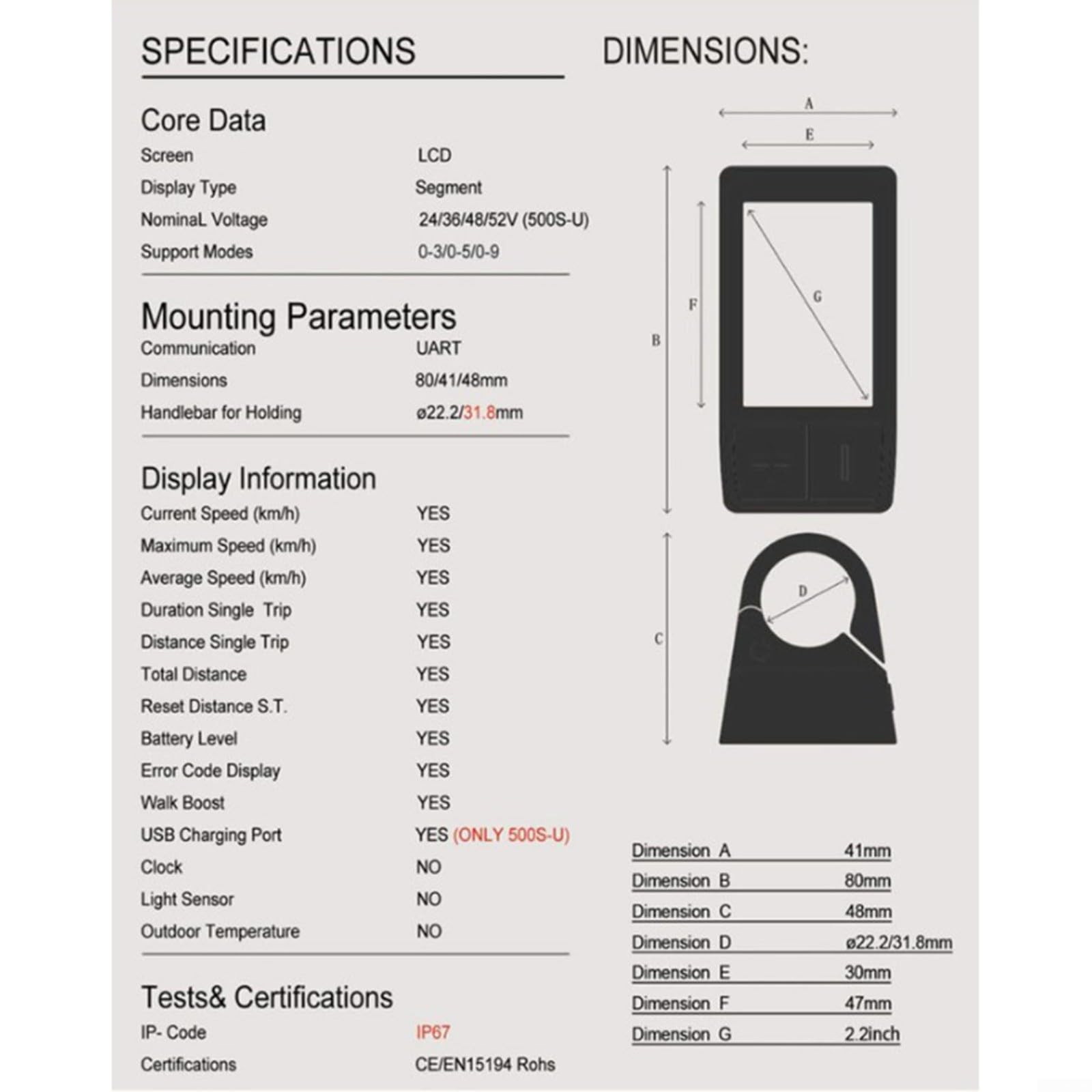 Display LCD 500S HD Motor, 24V 36V 48V E per schermo della bici, connettore a 5 pin 19,68 pollici filo