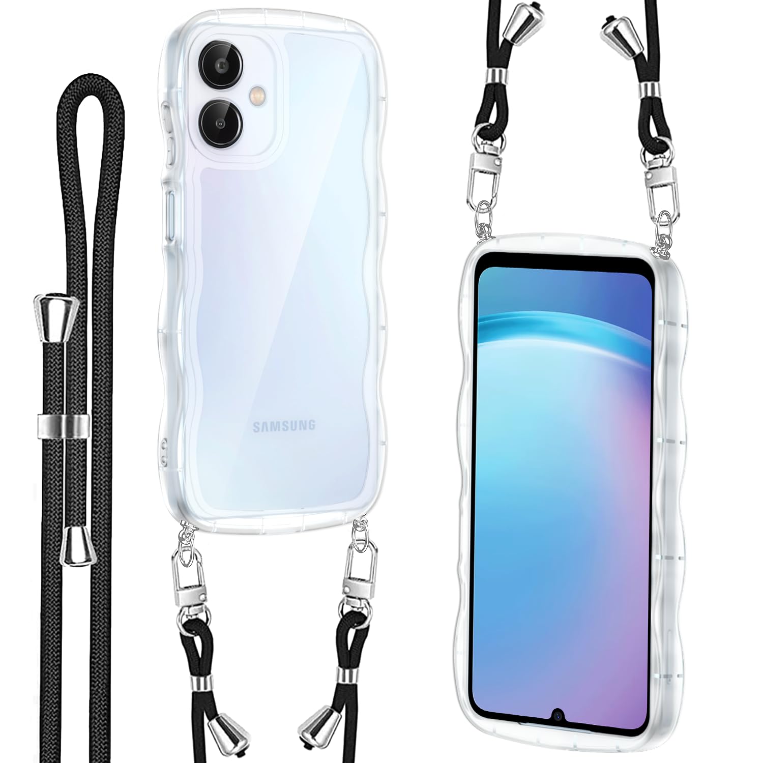 Galaxy A25 5G ケース ショルダー ストラップ1枚付き 紐付き 首掛け 肩がけ 斜め掛け 長さ調整可能 韓国人気 可愛い ウェーブケースクリア ストラップホール付き 耐衝撃 シリコン 透明TPU バンパー 超軽量 柔らかい 極薄 透明 黄ばみなし 滑り止め ギャラクシーA25 SC-53F 5G・クリア
