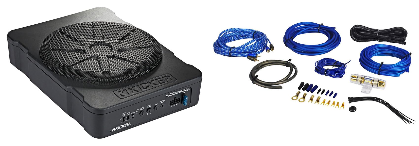 Audiosavings Bundle: Kicker 51HS10 Hideaway Under-Seat Powered Car Subwoofer Compact Sub HS10 Bundle with Rockville RWK81 8 Gauge Complete Amp Installation Wire Kit with Copper RCA (2 Items)