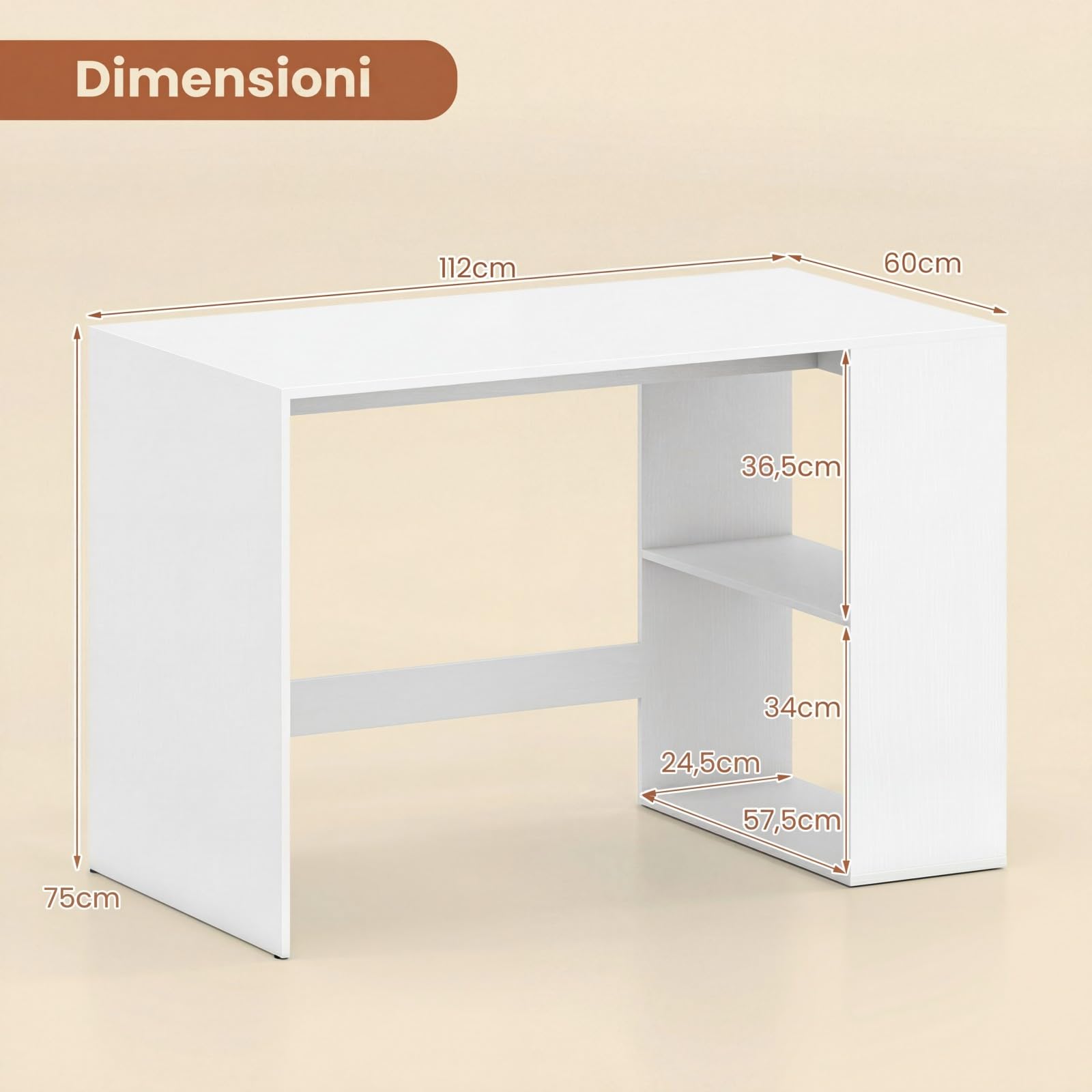 COSTWAY Scrivania Ufficio con Libreria Laterale a 2 Ripiani e Ampio Piano, 112 x 60 cm Scrivania Gaming in Legno, Scrittoio per Computer Salvaspazio per Studio, Soggiorno e Ufficio (Bianco)