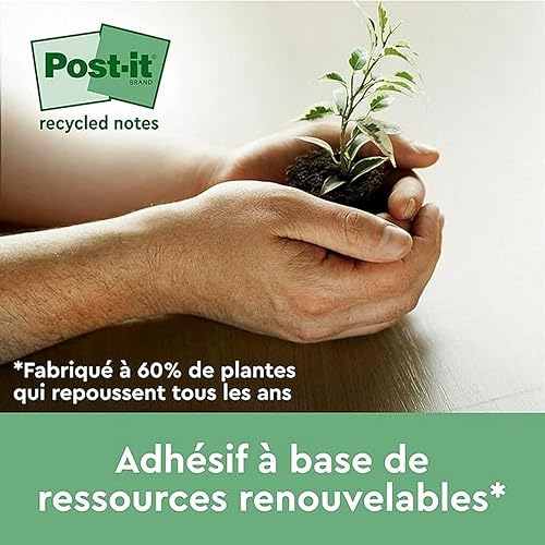 Miniatura 5 de Post-it Notas superadhesivas 100% recicladas, paquete de 3 blocs, 70 hojas por bloc, 1.874 in x 1.874 in, rosa, verde, azul, notas extra adhesivas
