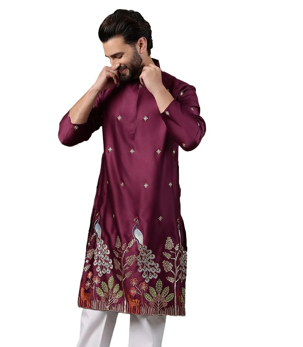 sojanya (Since 1958 Men's Cotton Silk Flora & Fauna Embroidered Long Kurta-picture-12