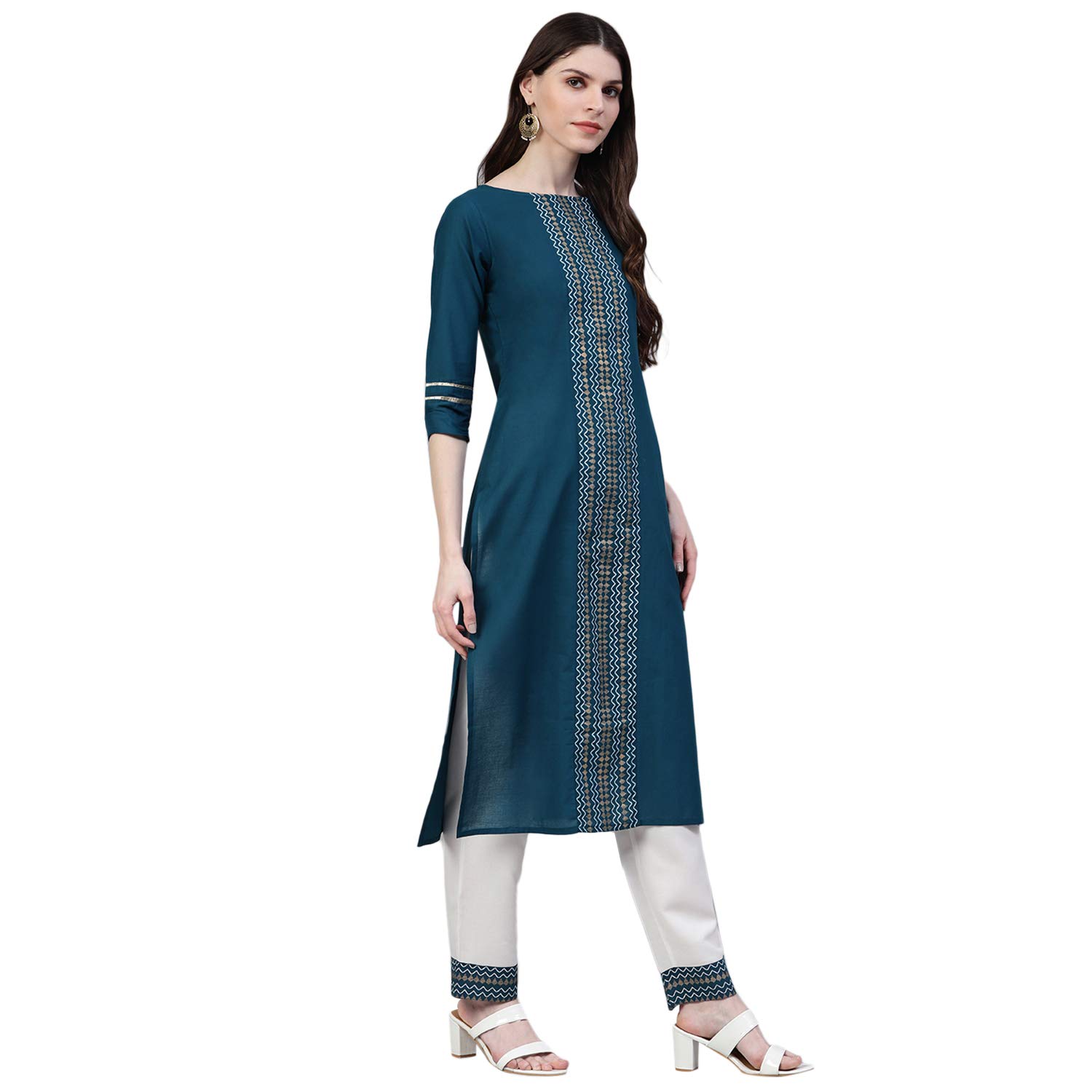 Stylum Women's Plus Size Cotton Printed Straight Kurta Pant Dupatta Set (01F-Tealbluekpd42_Teal Blue, Xl)