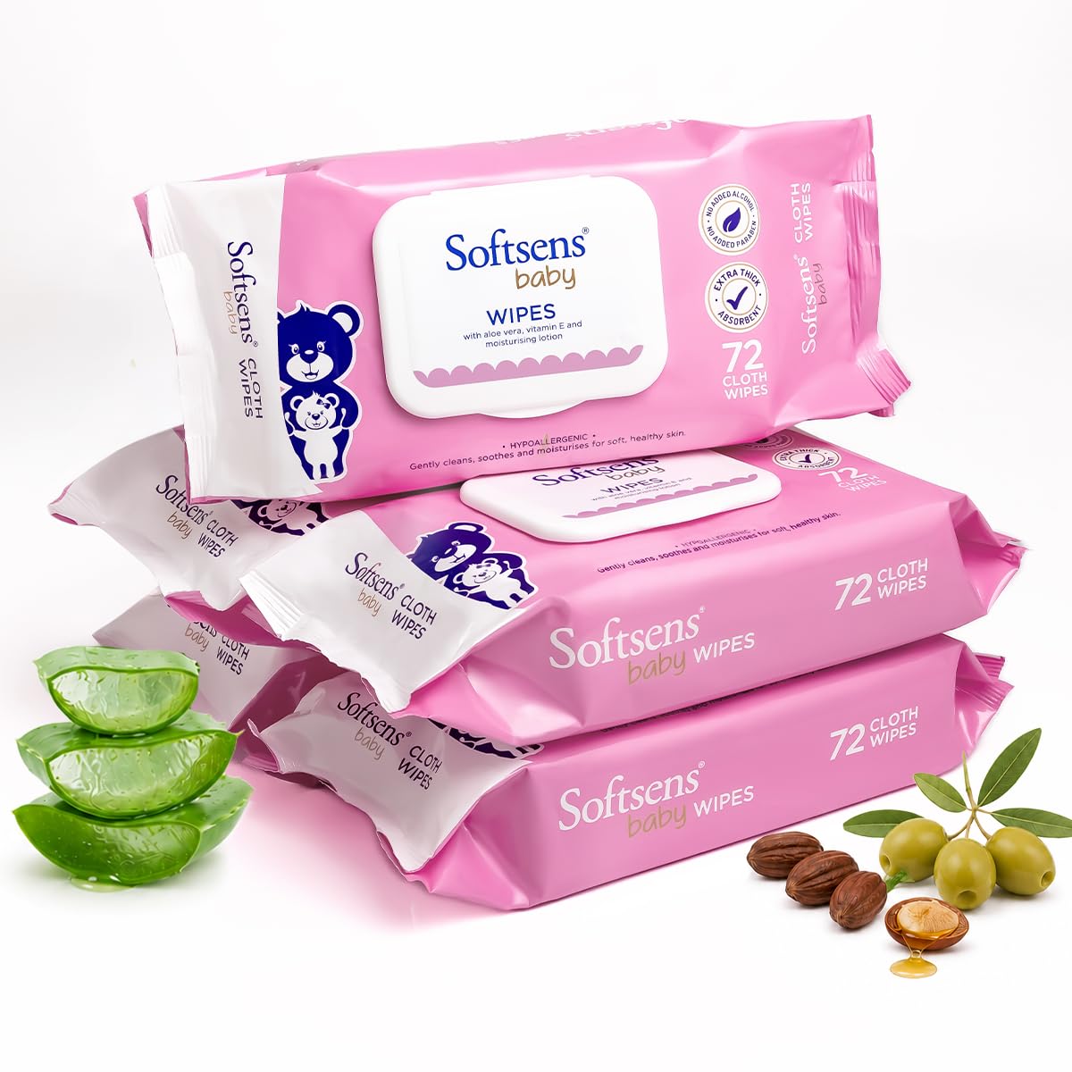Softsens Baby Gentle Cloth Wipes for Baby Skin Enriched with Aloe Vera & Vitamin E I Dermatologically Tested & Parben Free with Lid - 72 wipes (Pack of 5)-picture-1