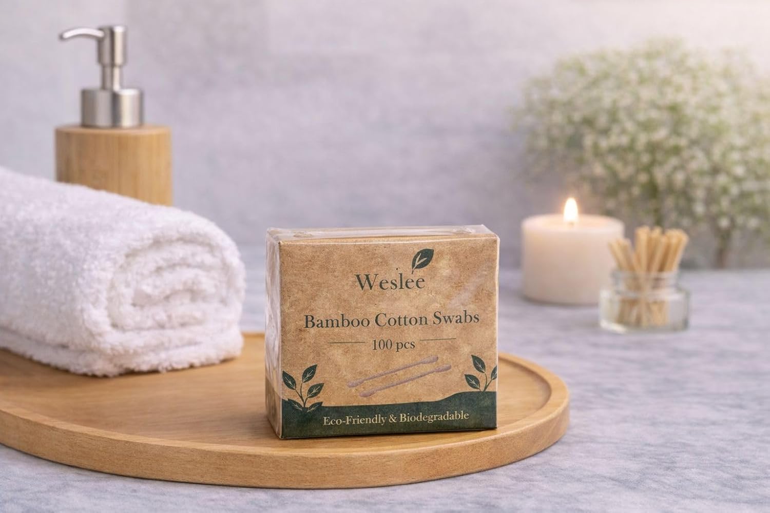 Eco-Friendly Bamboo Cotton Swabs 300 Count (3 Packs of 100) – Biodegradable Wooden Cotton Buds for Ear Cleaning & Makeup – Plastic-Free Organic Cotton Swabs with Sturdy Wood Sticks
