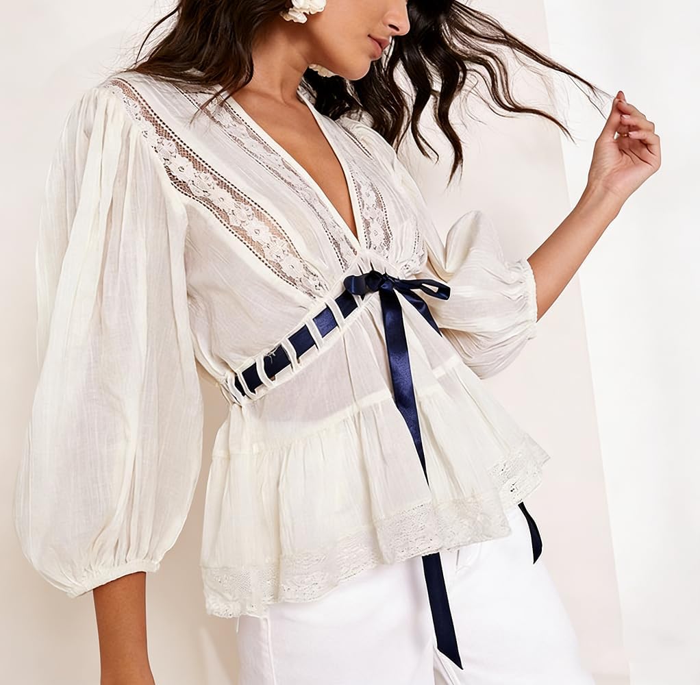 Women Chiffon Blouse Top Ruffle Trim Tie Front Shirt Long Sleeve Flowy Cardigan Lace Frilly Going Out top - Image 2