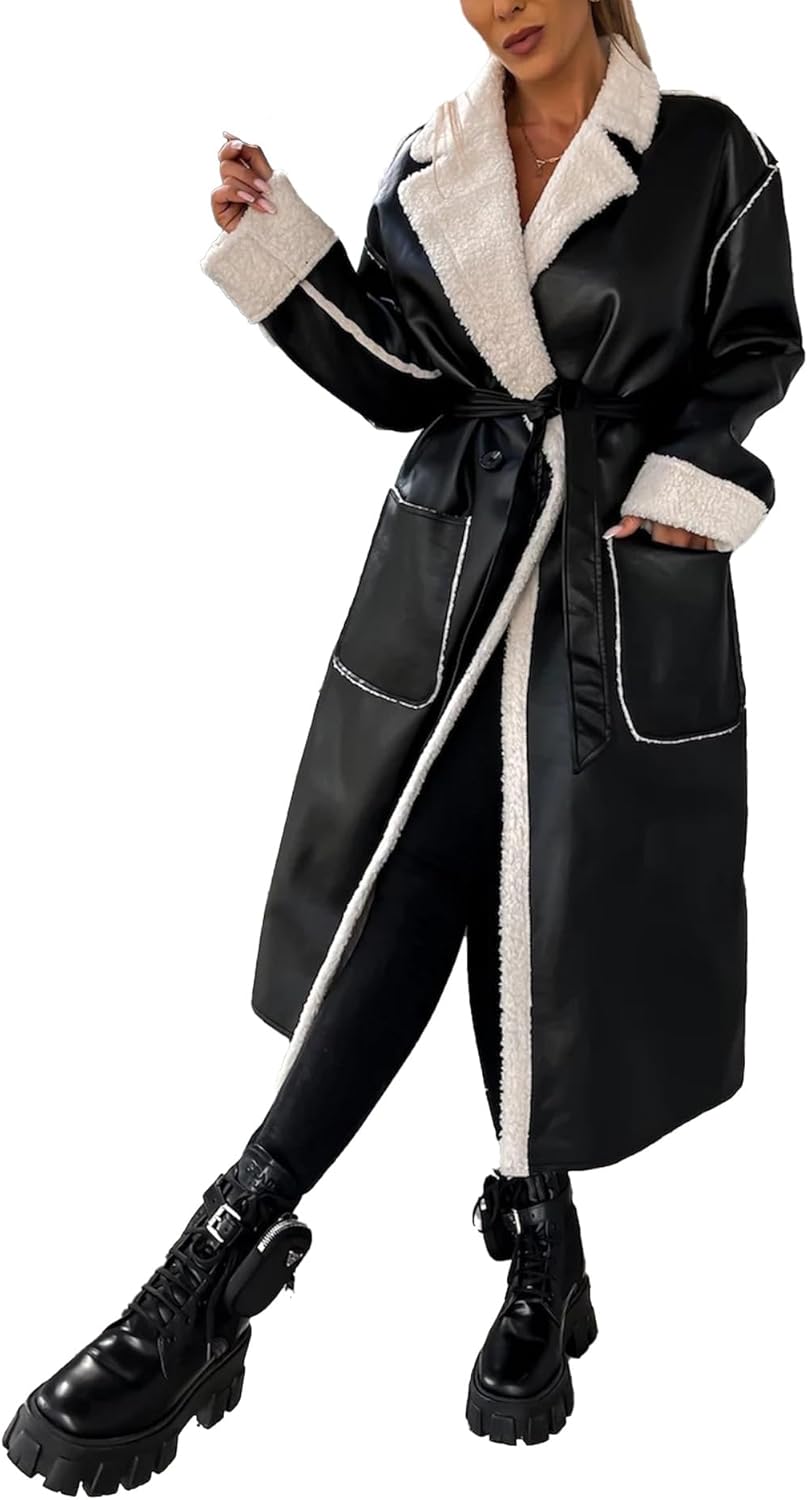 Sexyshine Women's Faux Shearing Long Jacket Moto Bomber Sherpa-Lined Winter Faux Leather Coat Outerwear with Belt