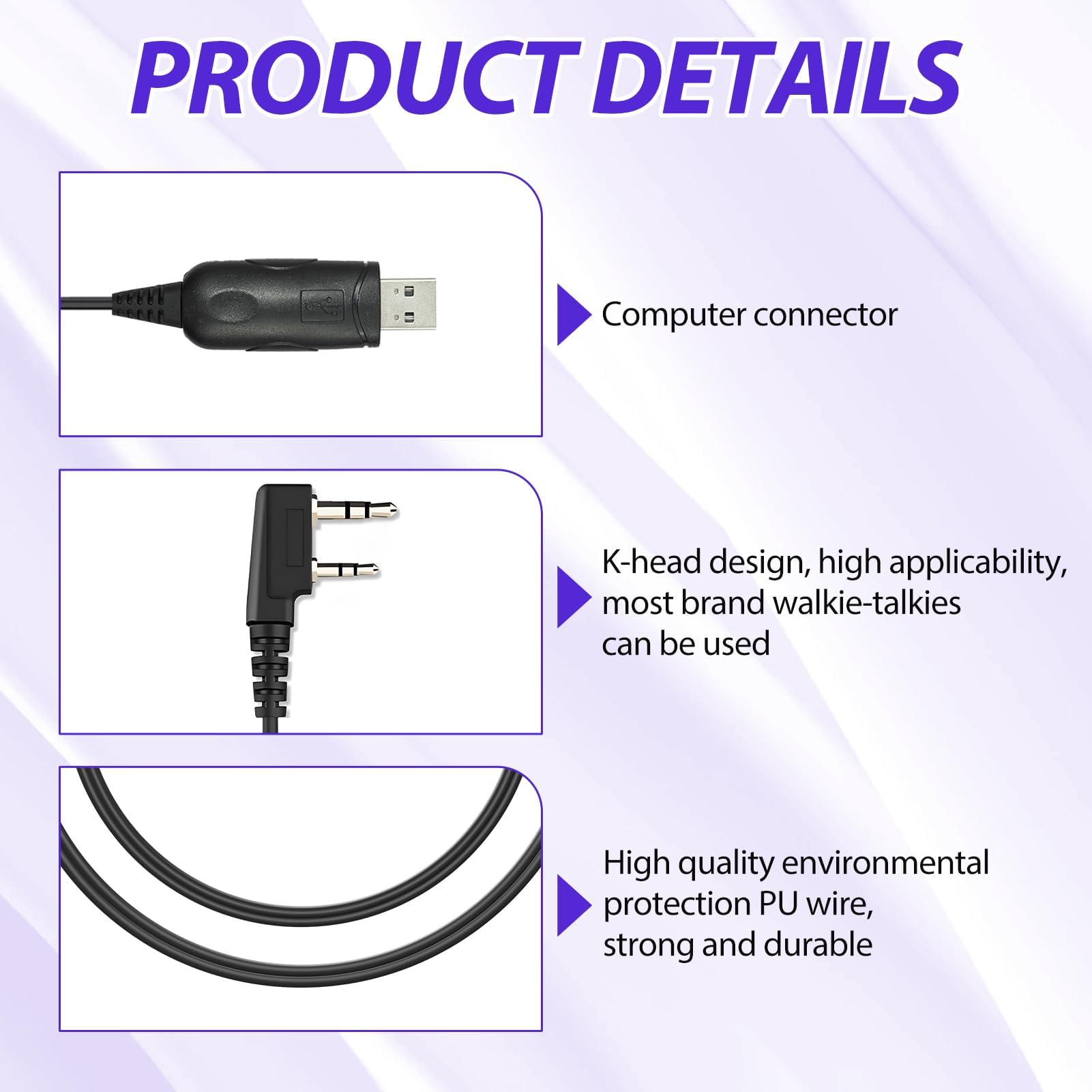 Cavo Di Programmazione USB Per Baofeng UV-5R E Radio Kenwood A 2 Pin - Lunghezza 90 Cm, Plug And Play, Con Driver E CD Software Per Programmazione Frequenze