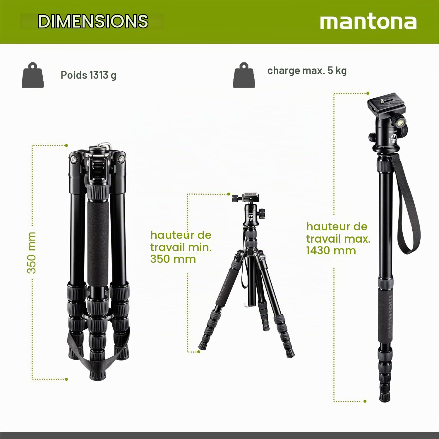 Mantona DSLM Travel Noir Trépied de Voyage