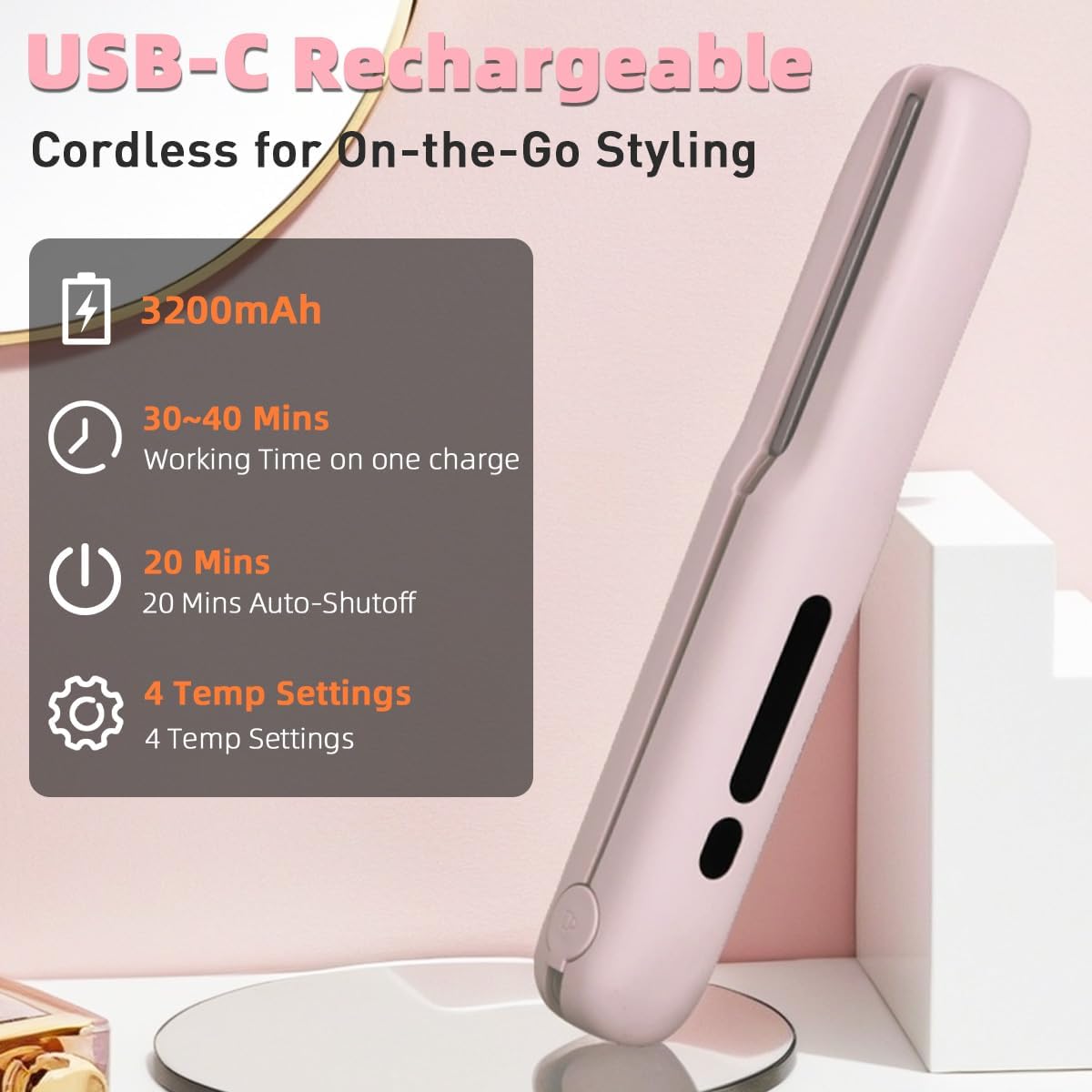 Cordless Hair Straightener, Mini Travel Flat Iron Rechargeable for Women, Portable Hair Straightener and Curler 2-in-1, Fast Heating, Adjustable Temp for On-The-Go Styling(Pink)