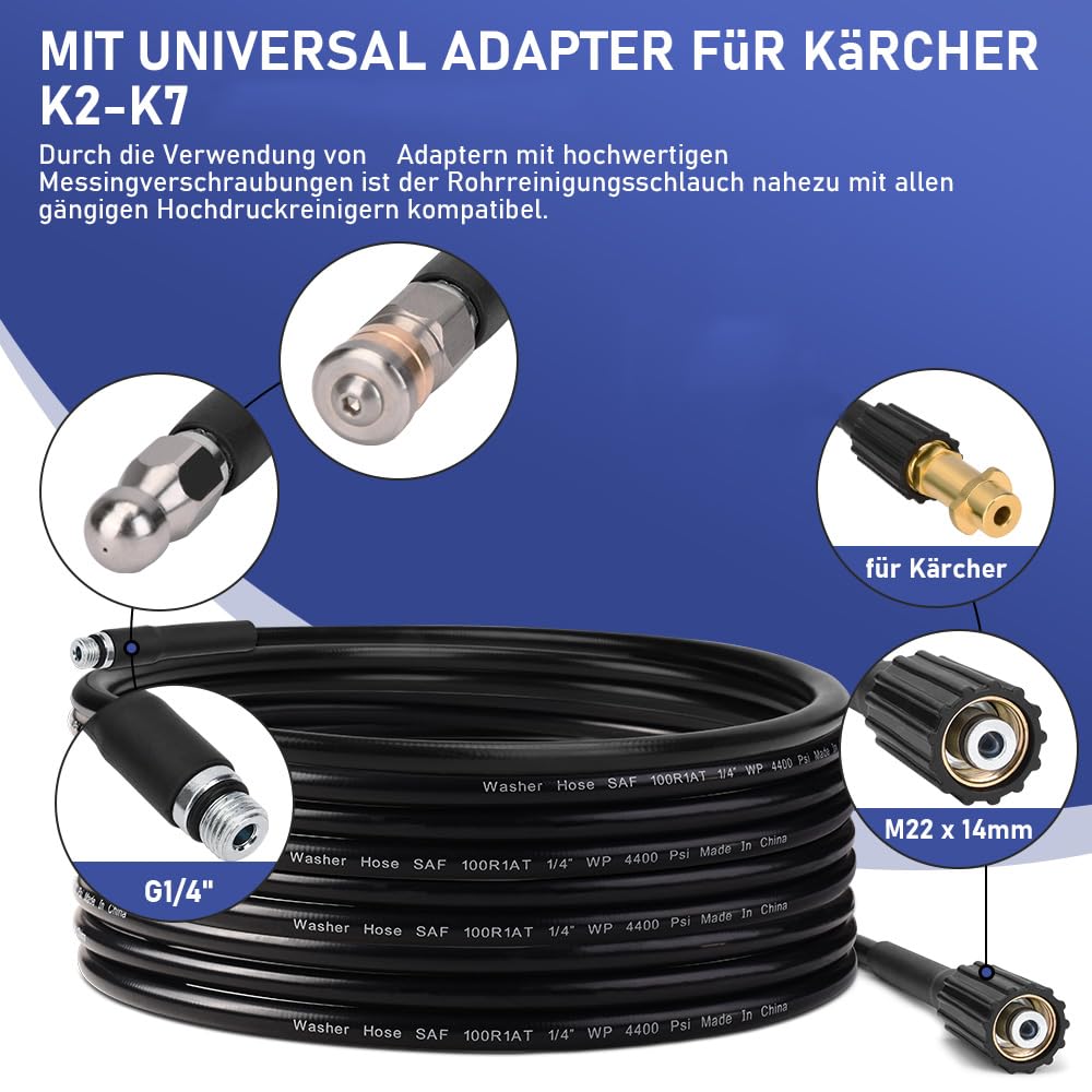 Rohrreinigungsschlauch 10m, mit M22 Adapter, Düsen starr + rotierend, 240bar 60°C Rohrreinigungsset Geeignet für Kränzle Kärcher K2-K7, Hochdruckreiniger Hochdruckschlauch