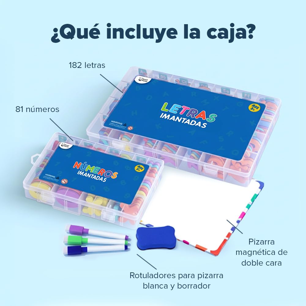 Letras y Números Magnéticos para Niños - Conjunto Completo: 182 Letras y 81 Números y Símbolos - Imanes Gruesos de Espuma para la Nevera - Incluye 2 Cajas, Pizarra Magnética, Rotuladores y Borrador