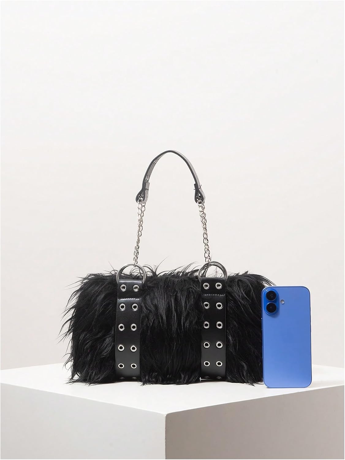 Women's Faux Fur Grommet Eyelet Shoulder Bag Y2k Punk Hand Bag Underarm Shoulder Purse - Image 3