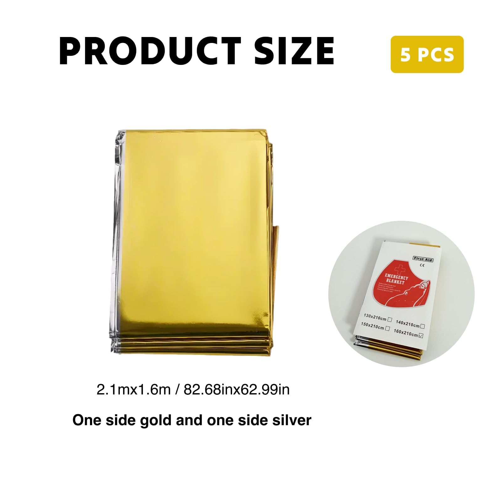 Mantas Térmicas de Supervivencia Premium - Pack de 5, Reversibles Oro/Plata, Protección Avanzada contra el Frío y el Calor, Ideales para Senderismo, Emergencias y Primeros Auxilios - 210x160 cm