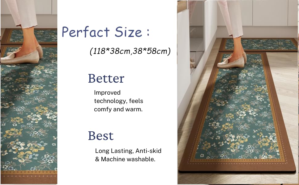 Image of YAGVIZ Non-Slip Kitchen Floor Mats, Water Absorbent, Rugs,Standing Rubber Mats for Kitchen, Office, Sink and Laundry Room, Hallway, Floral Design Carpet