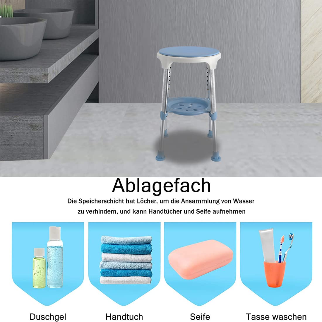 NAIZY Sgabello da doccia girevole a 360° 42-54 cm sedia da doccia per anziani sgabello da bagno regolabile in altezza antiscivolo con mensole sgabello da bagno aiuto doccia rimovibile