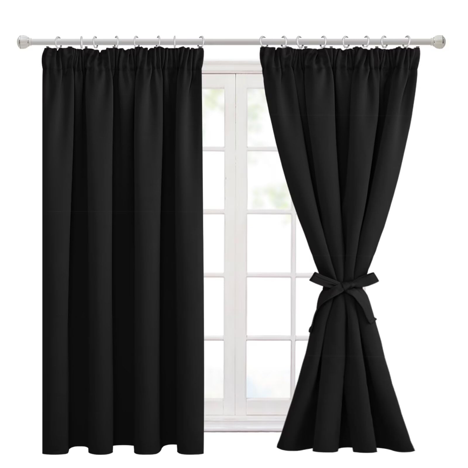 Hiasan Blackout Curtains for Bedroom Black Pencil Pleat Curtains for Living Room with Tiebacks Thermal Curtains 66 x 54 Inch 2 Panels