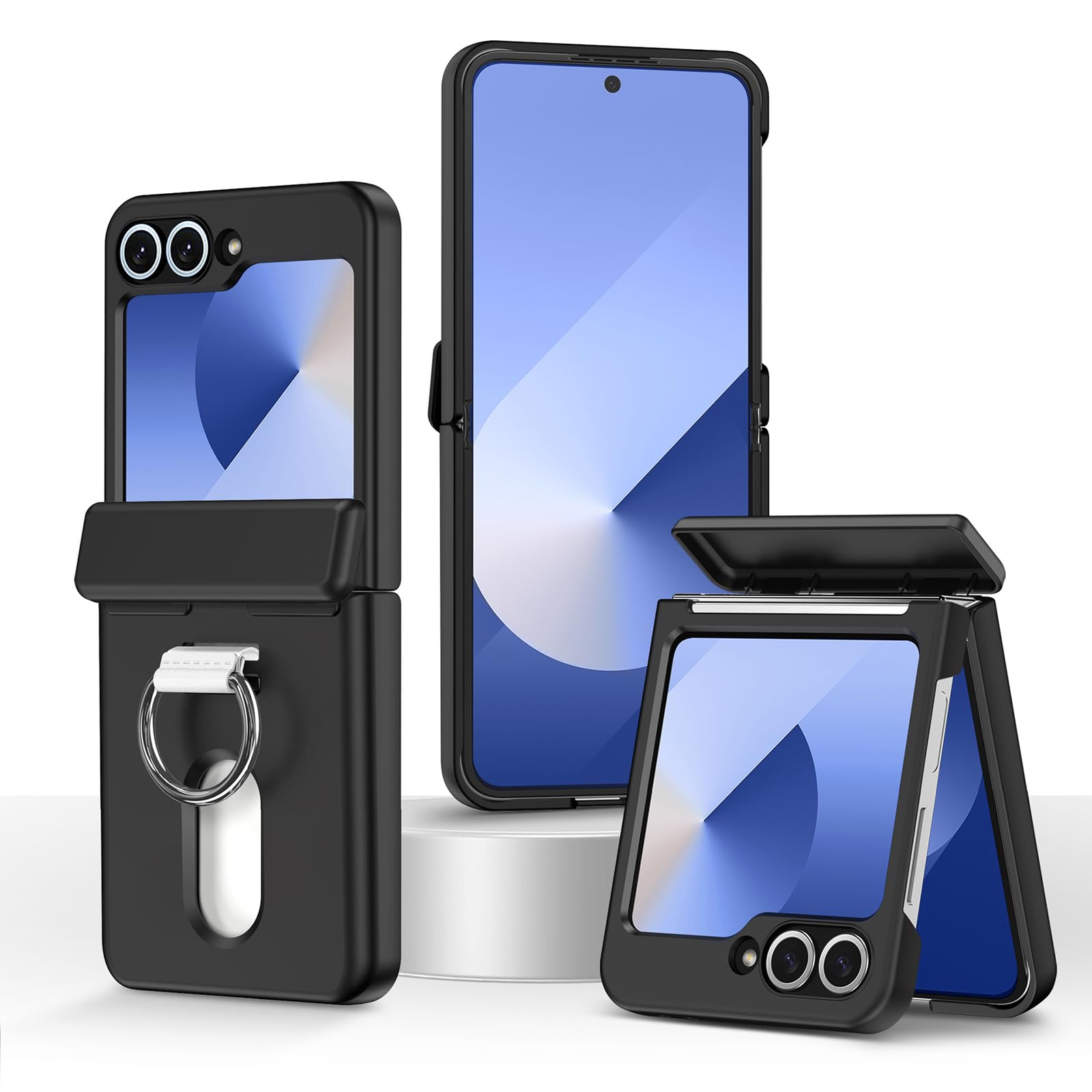 Etui portfelowe do Samsung Galaxy Z Flip 6, ochrona zawiasów, etui na karty, odporne na wstrząsy, obudowa PC z pierścieniem na palec, czarne, Flip 6